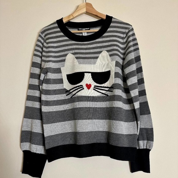 NWT Karl Lagerfeld striped sweater M and XL Crew Neck Choupette Lagerfeld - Picture 2 of 4